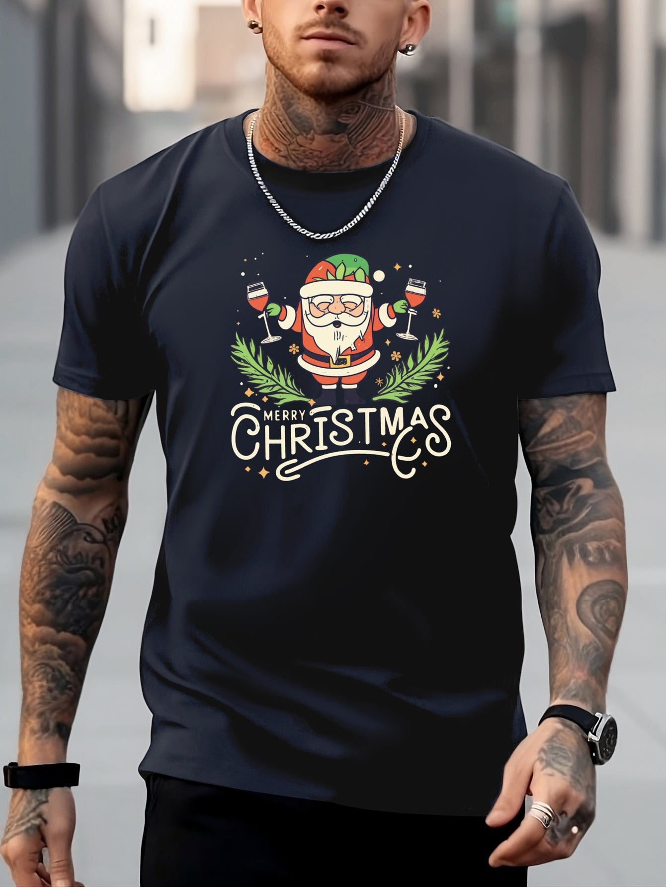 Christmas Santa Print Men's Graphic Crew Neck Tshirt