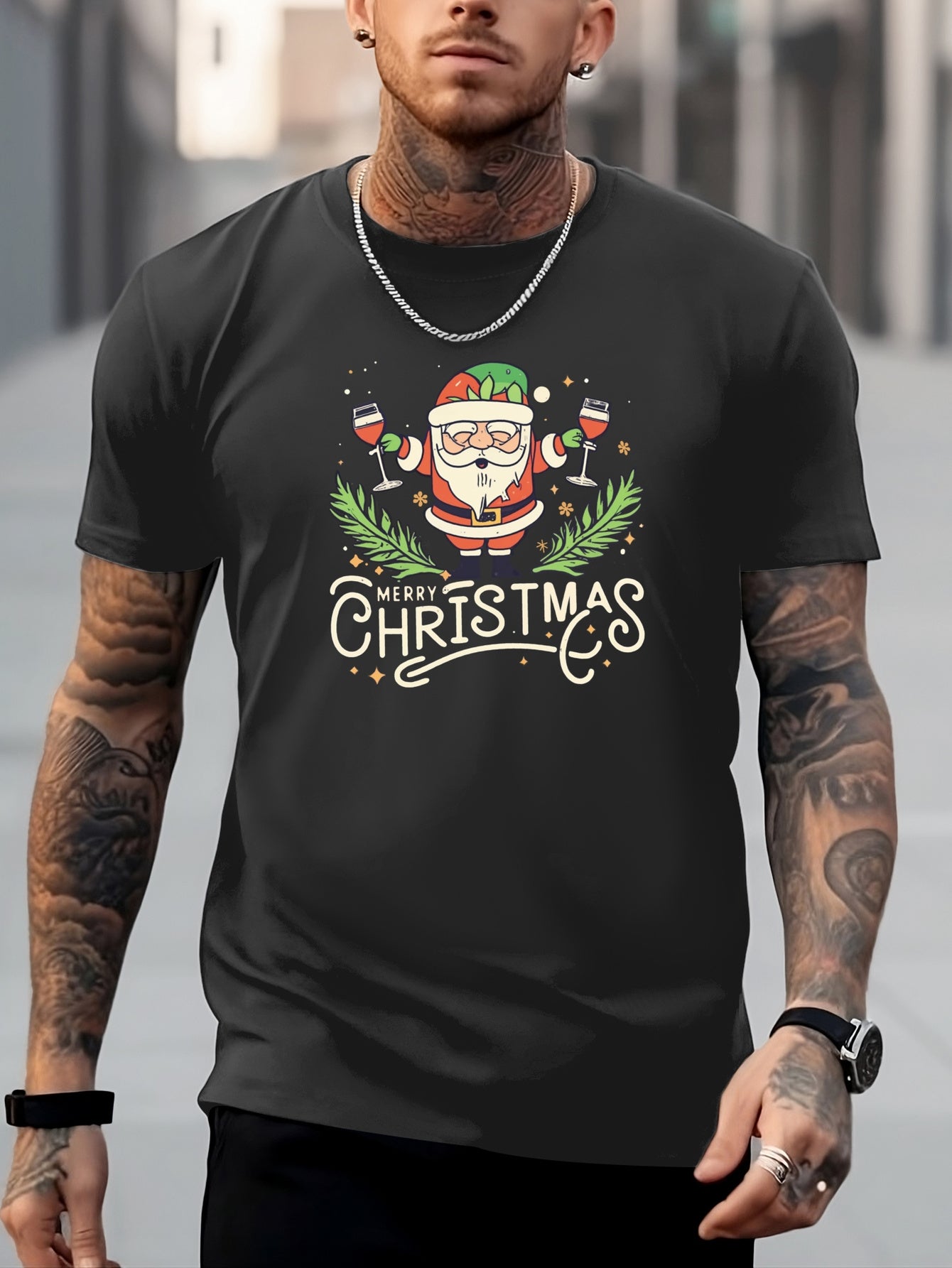 Christmas Santa Print Men's Graphic Crew Neck Tshirt