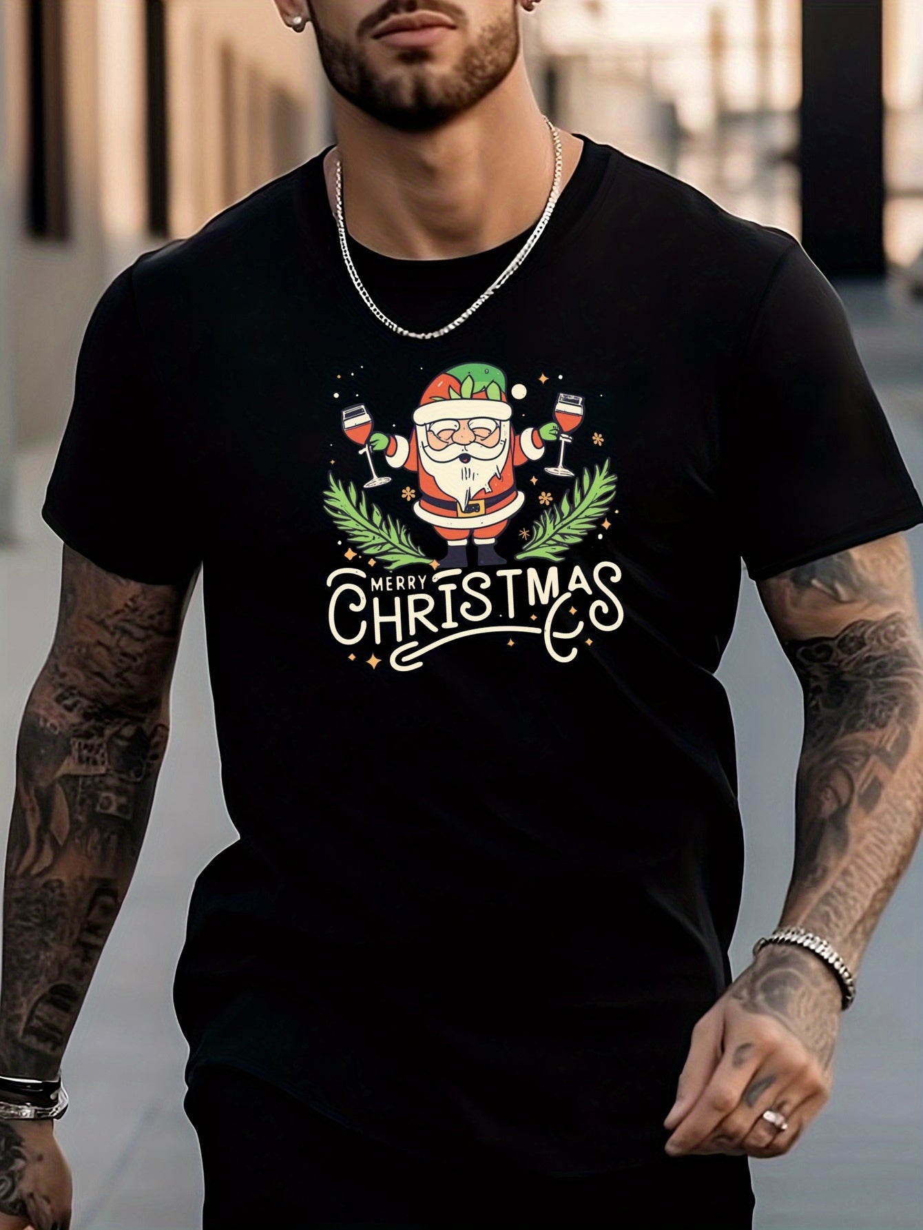 Christmas Santa Print Men's Graphic Crew Neck Tshirt