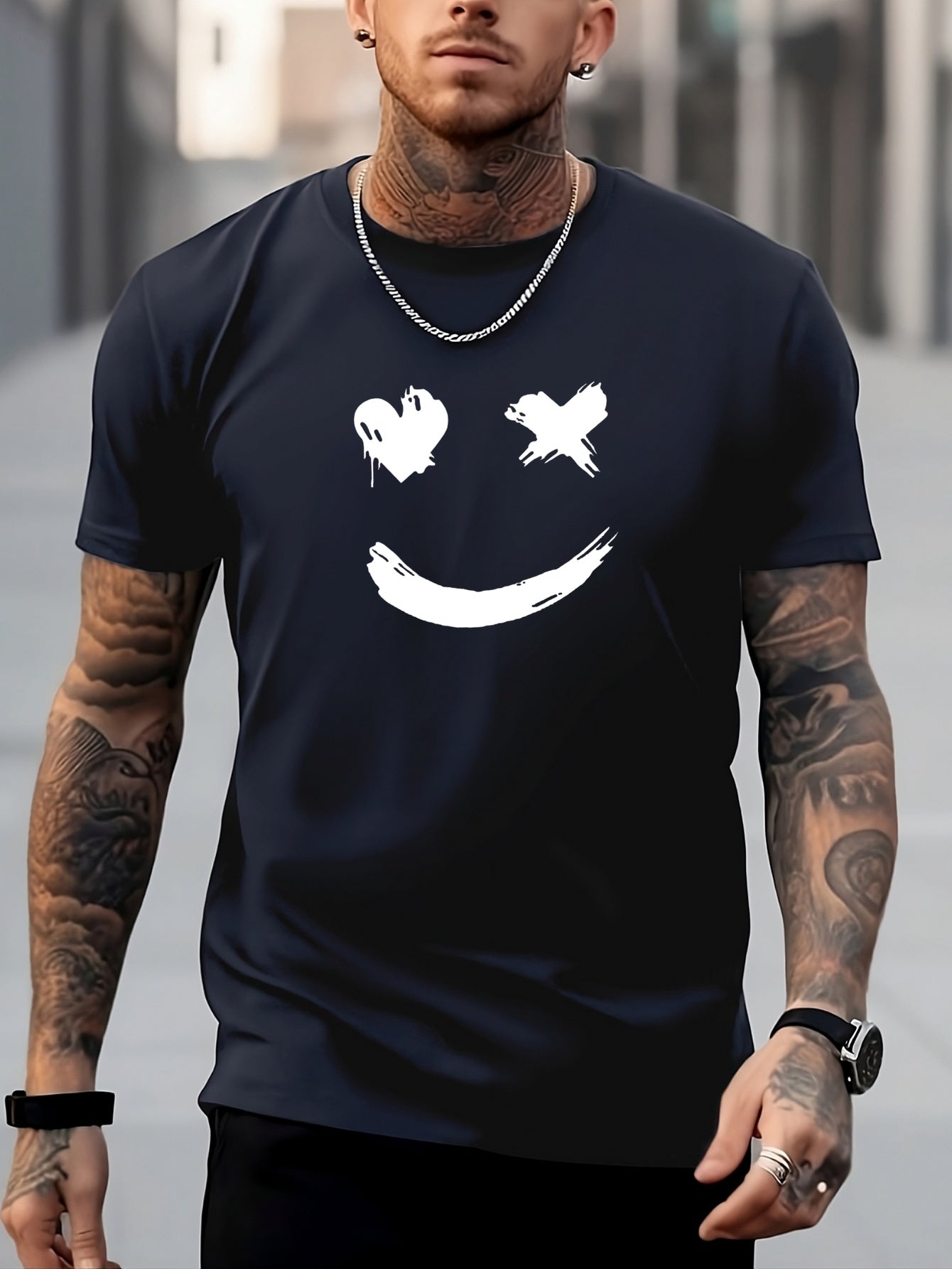 Smile Face Print Men's T-shirt for Summer Outdoor
