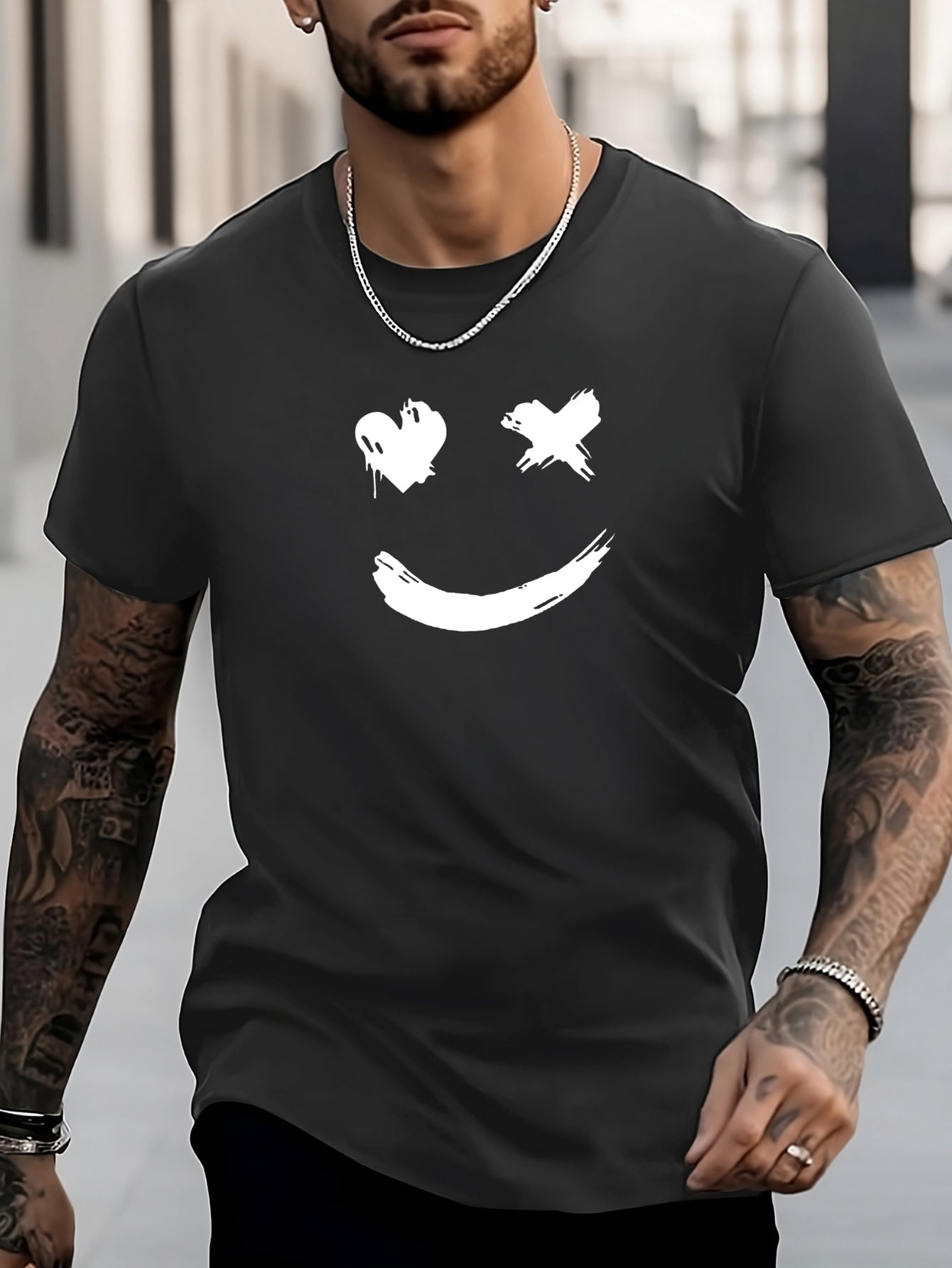 Smile Face Print Men's T-shirt for Summer Outdoor
