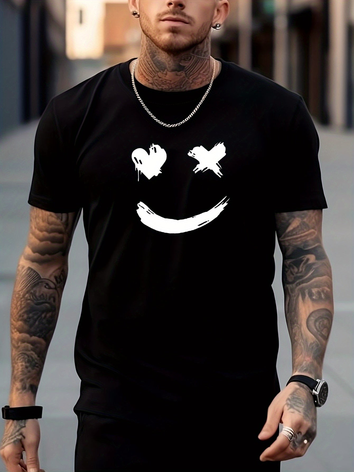 Smile Face Print Men's T-shirt for Summer Outdoor