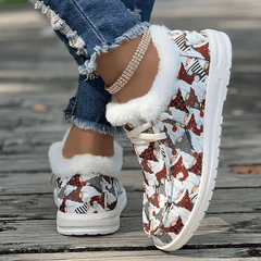 Christmas Print Snow Boots Women's Winter Lace-Up Flats Sneakers
