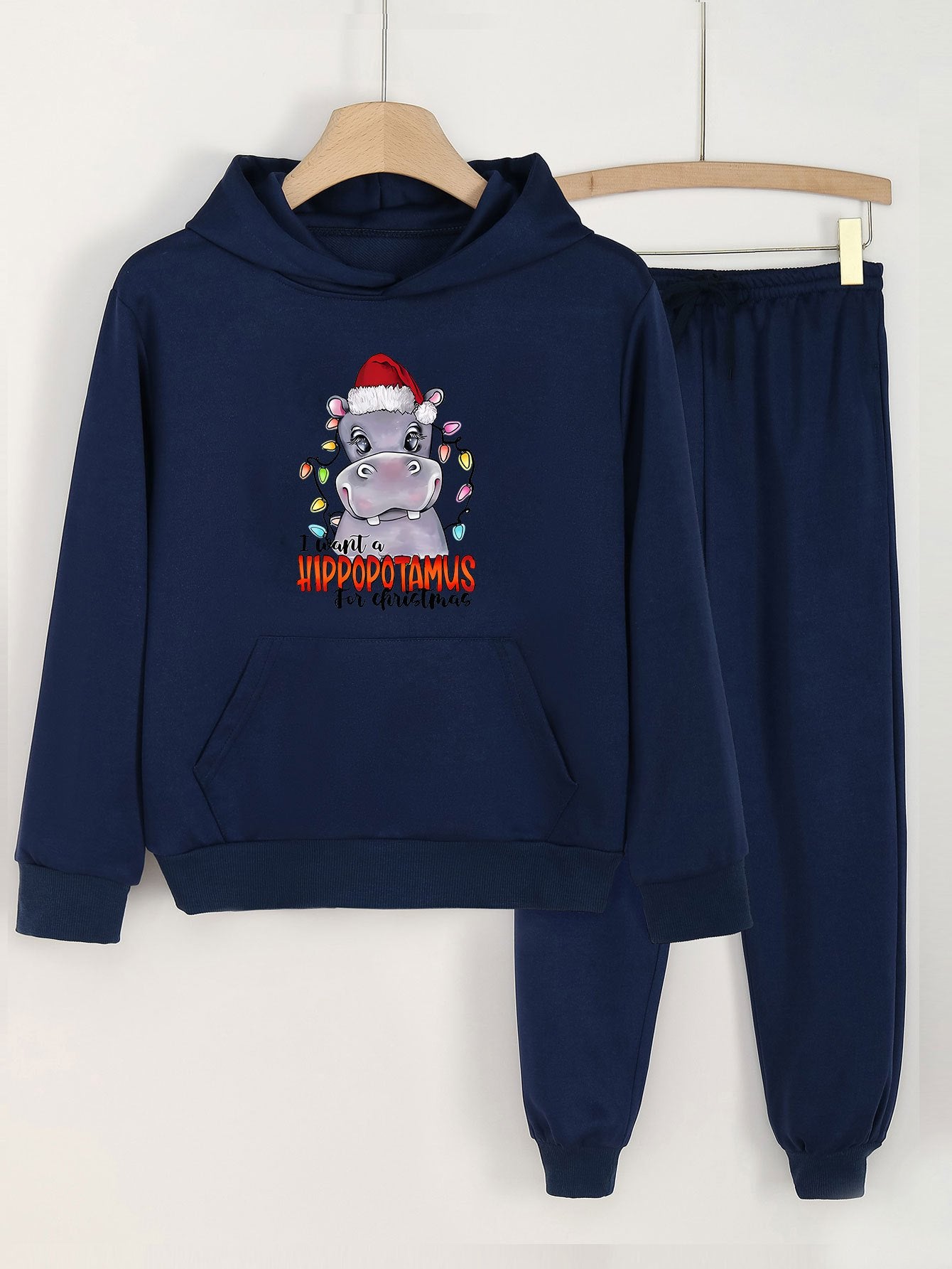 Hippos Print Hooded Pullover Pants Set for Sports Spring Fall