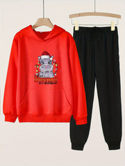 Hippos Print Hooded Pullover Pants Set for Sports Spring Fall