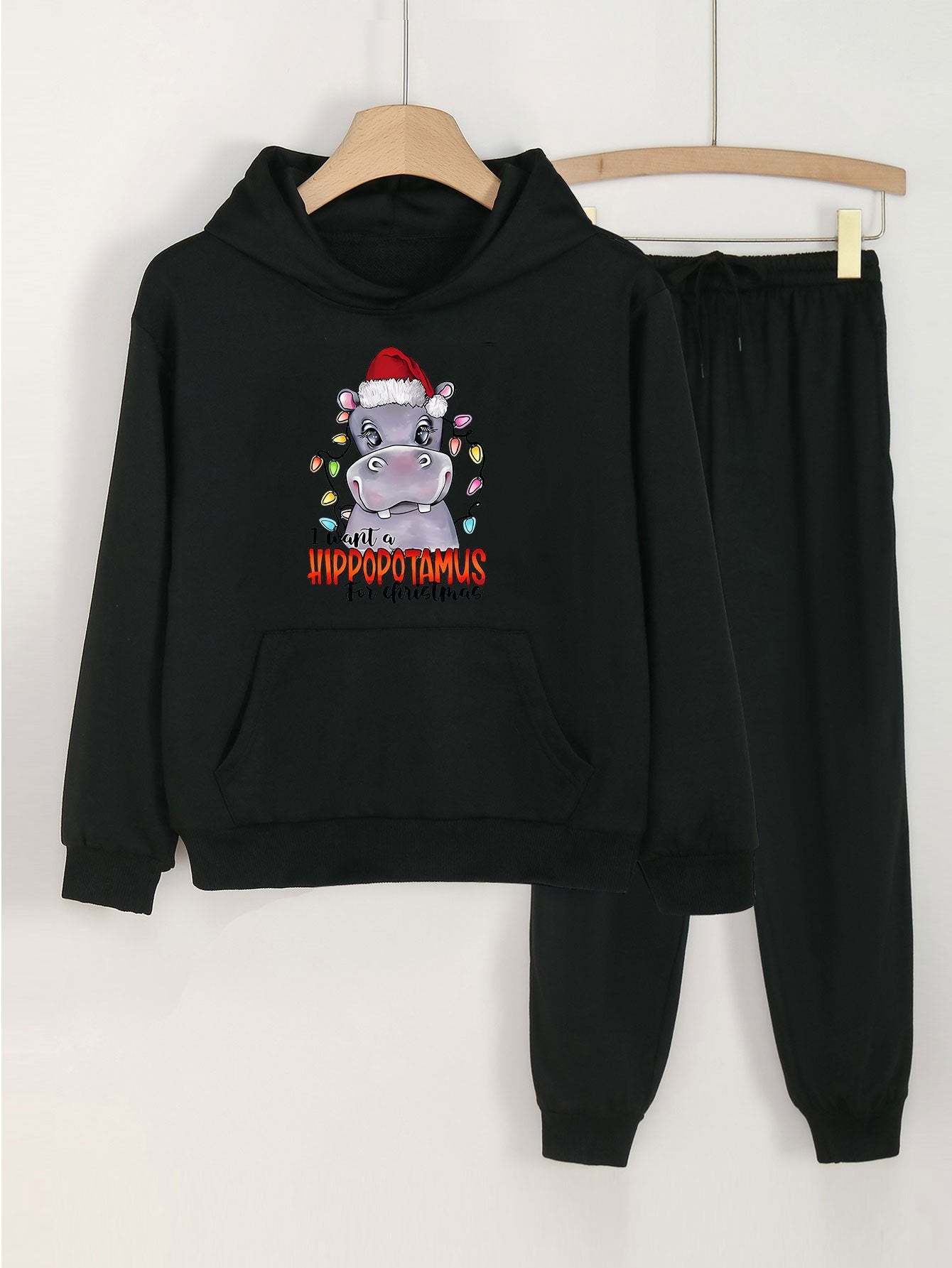 Hippos Print Hooded Pullover Pants Set for Sports Spring Fall