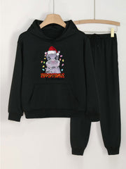 Hippos Print Hooded Pullover Pants Set for Sports Spring Fall