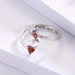 Red Bird And Heart Open Adjustable Ring Great Gift