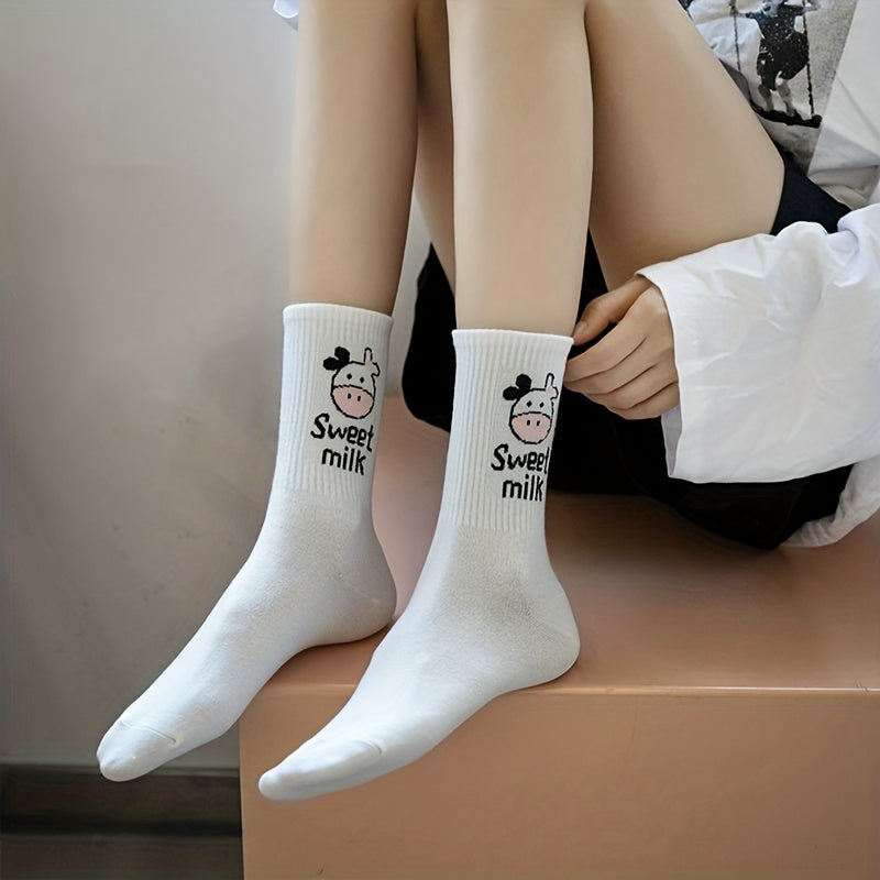 5 Pairs Cartoon Cow Print Socks Women's Stockings