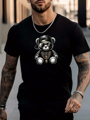Bear Print Men's Active Crew Neck Tee for Summer
