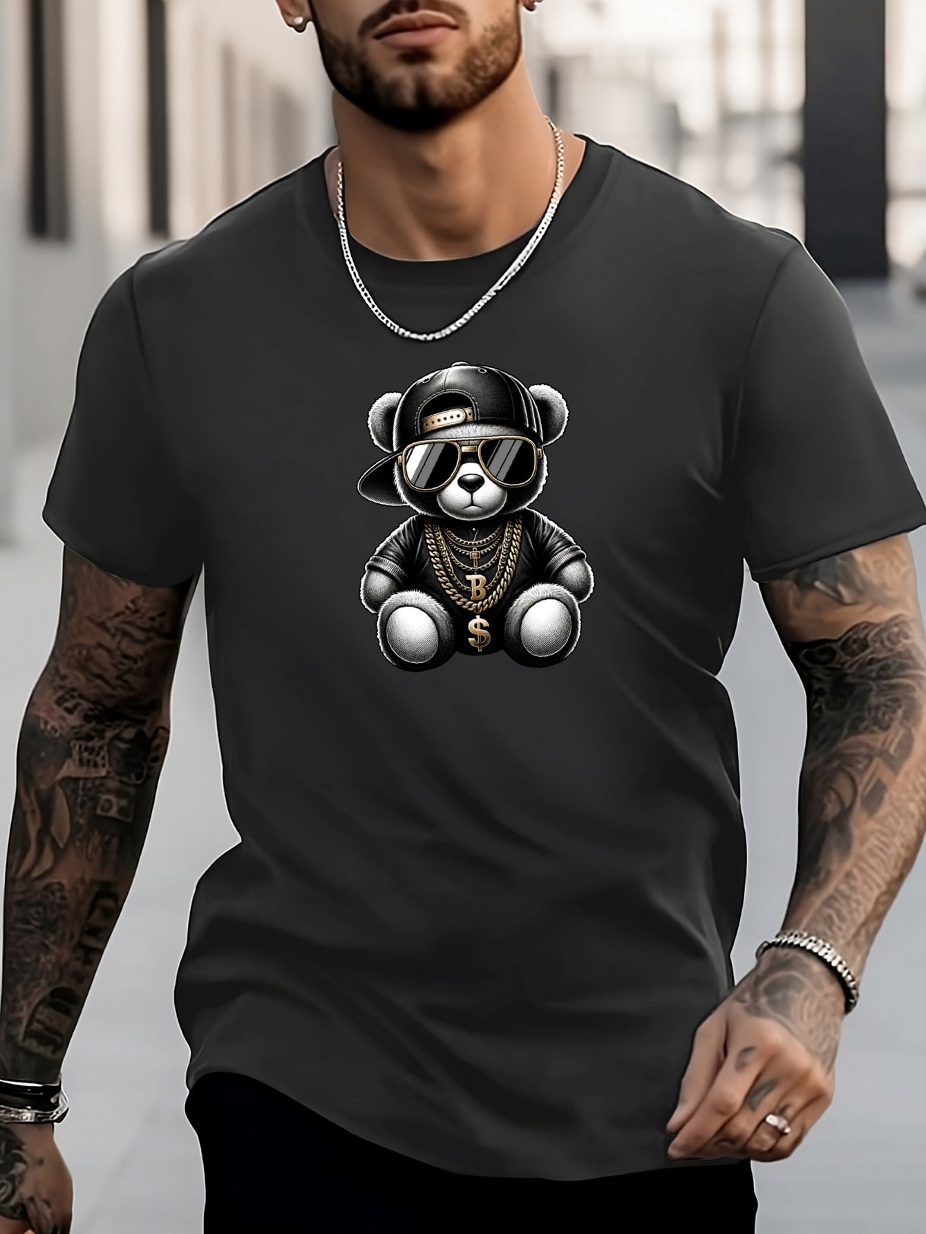 Bear Print Men's Active Crew Neck Tee for Summer