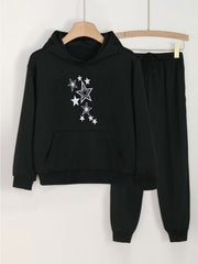 2pcs Star Print Hoodies With Pocket Jogger Pants Set For Girls