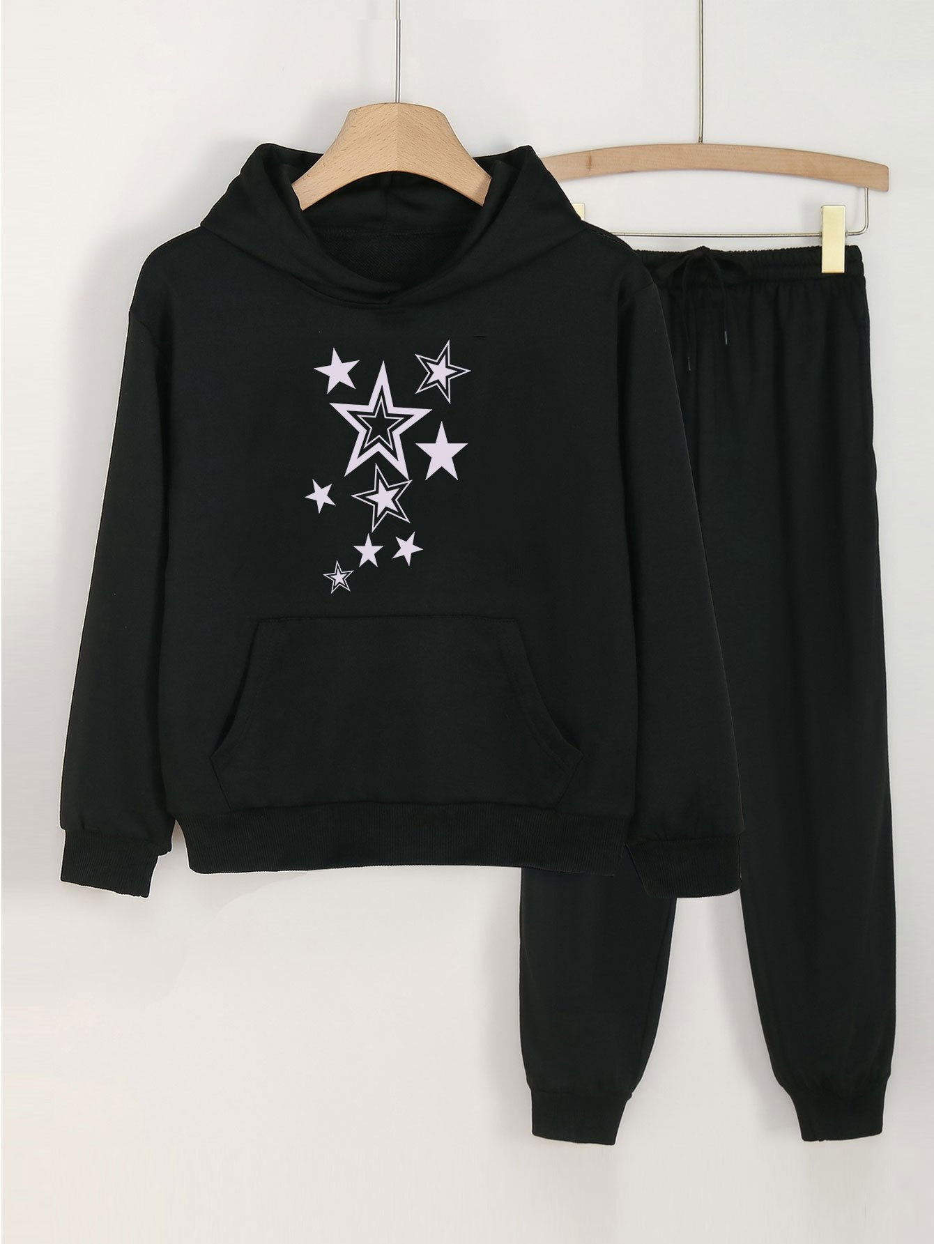 Girls Long Sleeve Hoodie & Elastic Waist Sweatpants 2pcs Stars Print Casual Kids