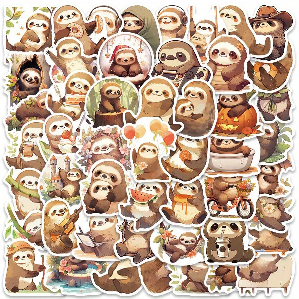 50pcs Small Sloth Stickers for Decorative Luggage Laptop Skateboard Guitar