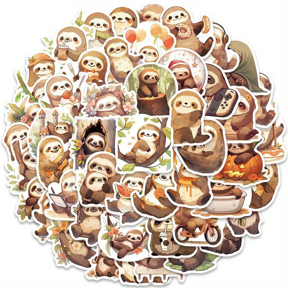 50pcs Small Sloth Stickers for Decorative Luggage Laptop Skateboard Guitar