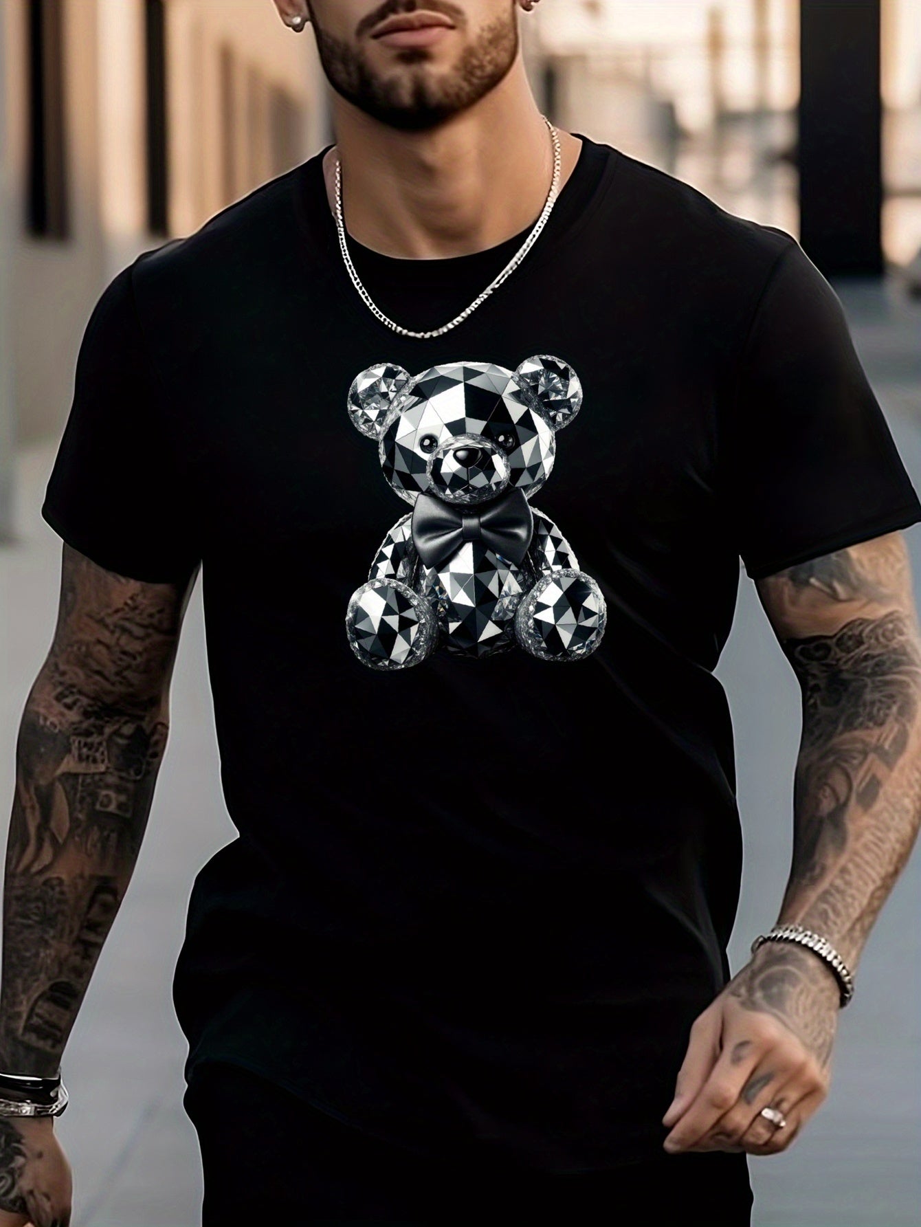 Men's Bear Pattern Crew Neck Shirt for Casual City Walks