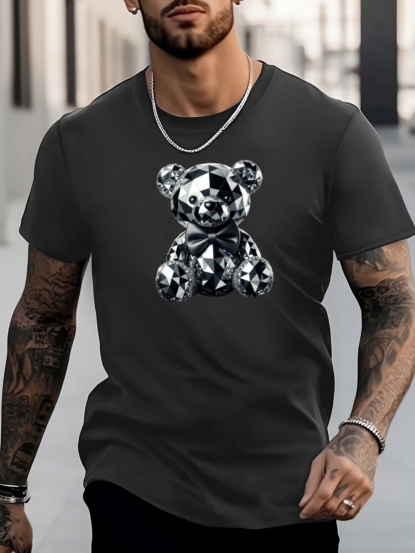 Men's Bear Pattern Crew Neck Shirt for Casual City Walks
