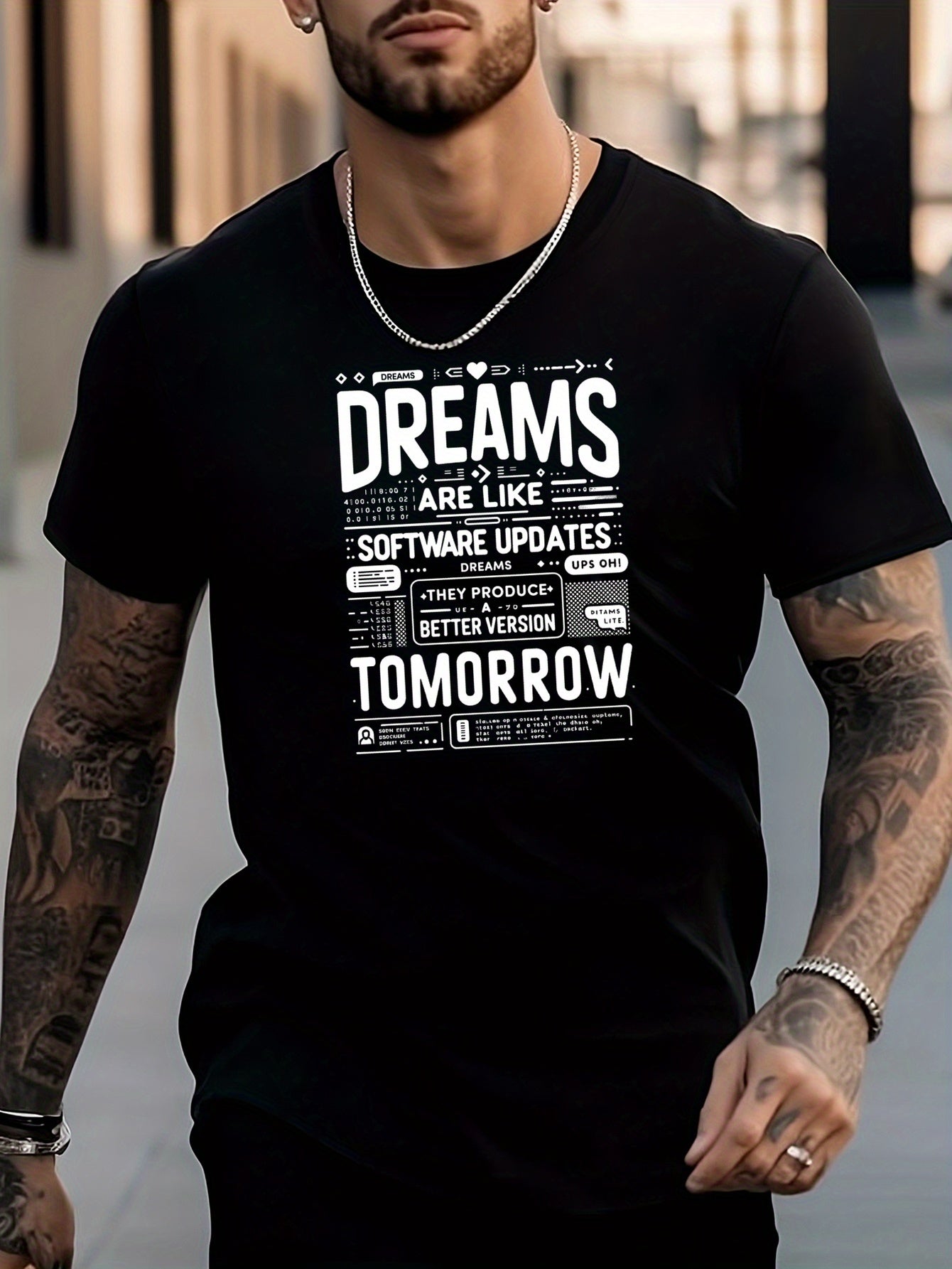 Men's Stylish Letters Pattern Shirt Casual Breathable Crew Neck Tee Top