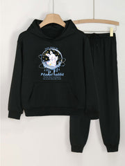 2pcs Planet Rabbit Print Hooded Outfit For Girls Hoodie & Pants Set