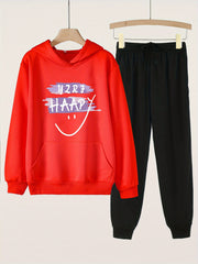 2pcs Happy Print Girls Hoodie Set Kids Casual Hooded Sweatshirt & Sweatpants
