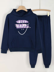 2pcs Happy Print Girls Hoodie Set Kids Casual Hooded Sweatshirt & Sweatpants