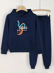 2pcs SPARKLE Girls Hoodie & Sweatpants Set Kids Casual Long Sleeve Loose Hooded