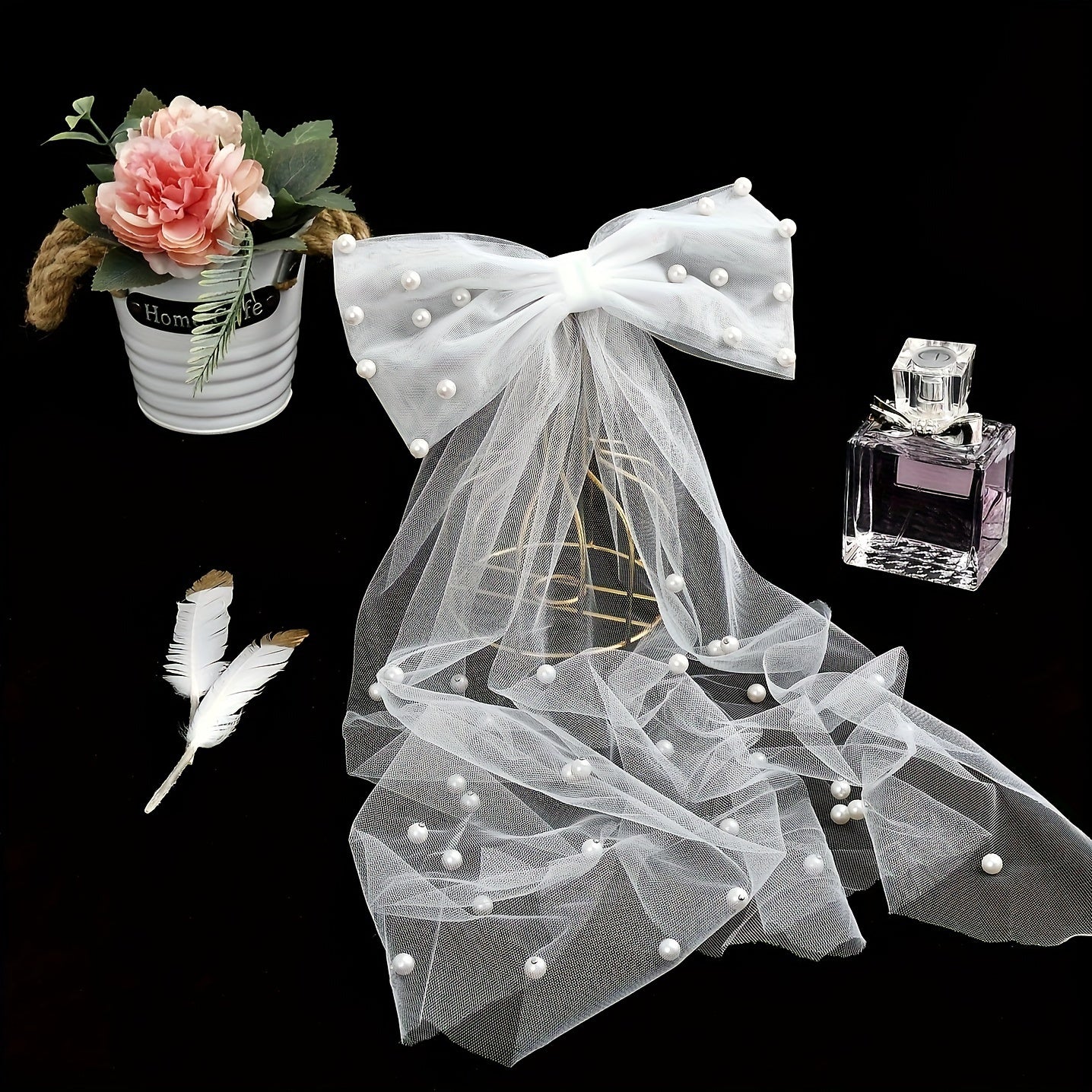 Romantic Bow Veil w/ Faux Pearls Head Veil Bridal Short Veil