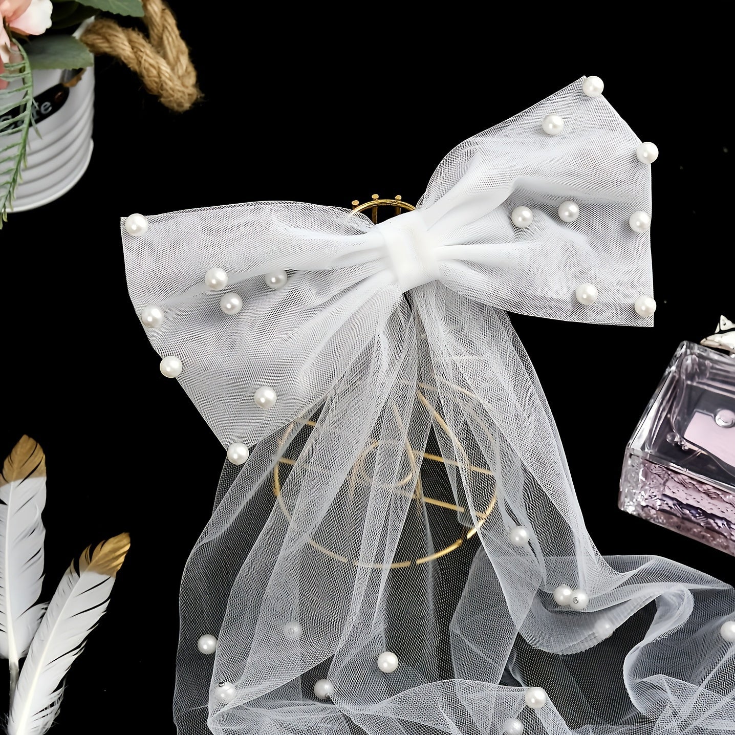 Romantic Bow Veil w/ Faux Pearls Head Veil Bridal Short Veil