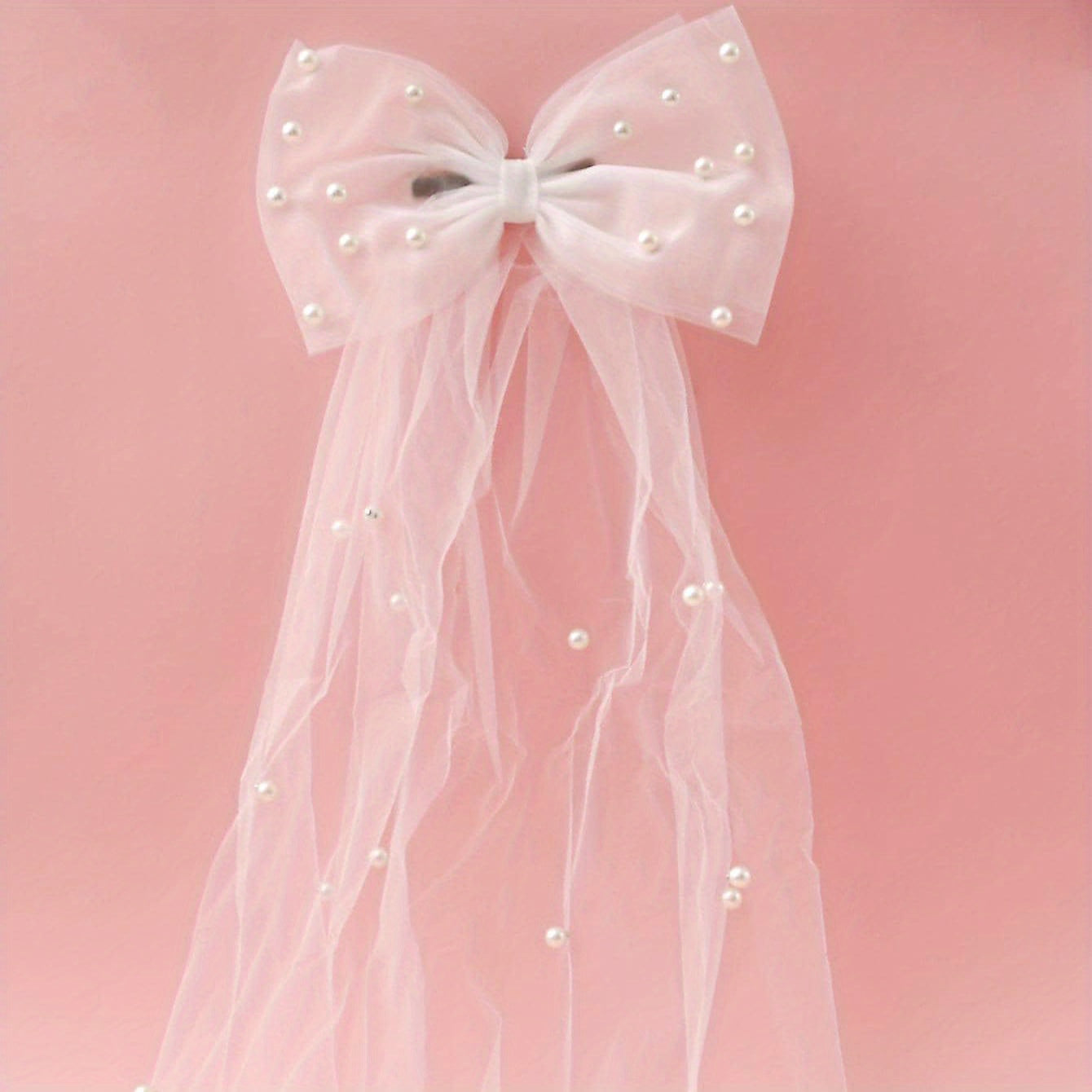 Romantic Bow Veil w/ Faux Pearls Head Veil Bridal Short Veil
