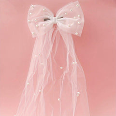 Romantic Bow Veil w/ Faux Pearls Head Veil Bridal Short Veil