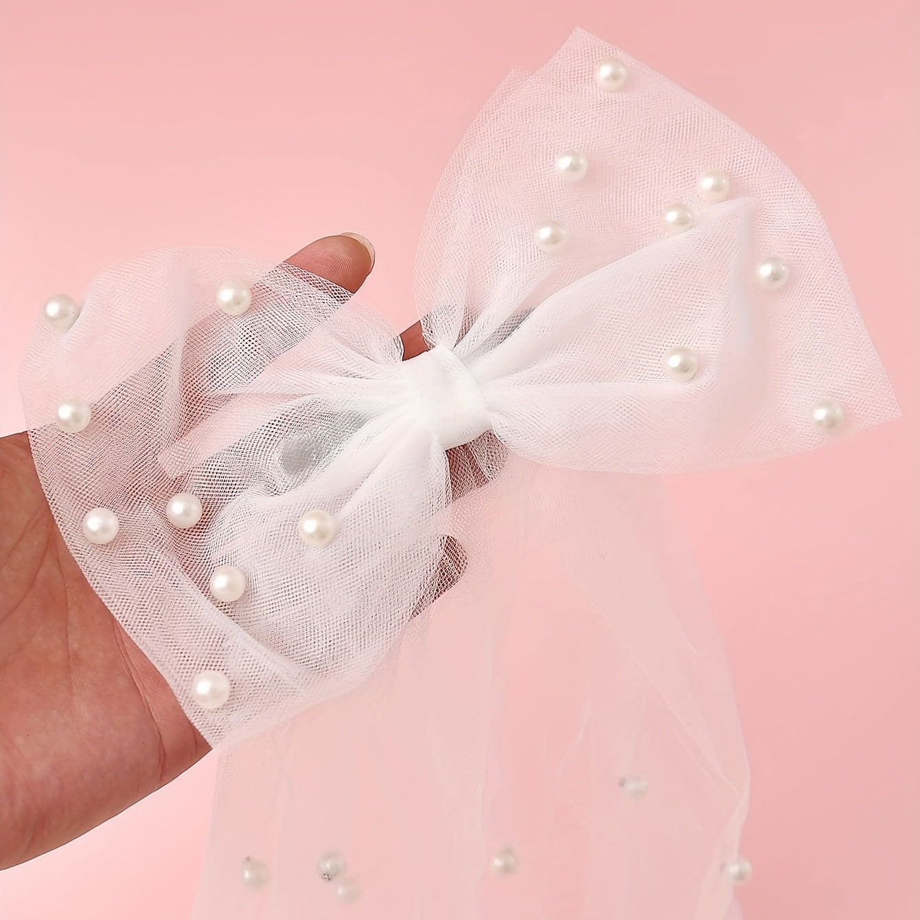 Romantic Bow Veil w/ Faux Pearls Head Veil Bridal Short Veil
