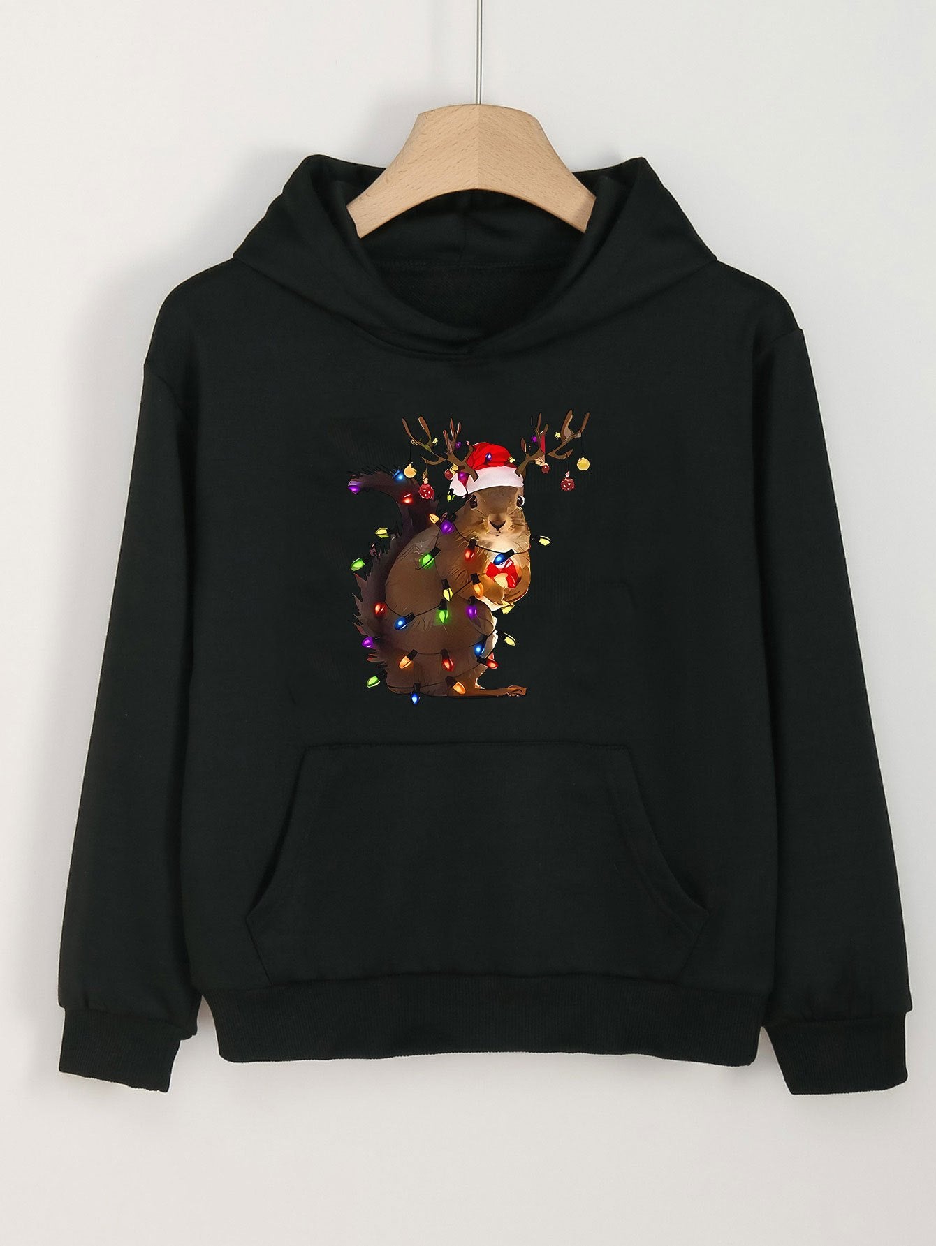 Girls Christmas Lights Squirrel Graphic Hooded Sweatshirt