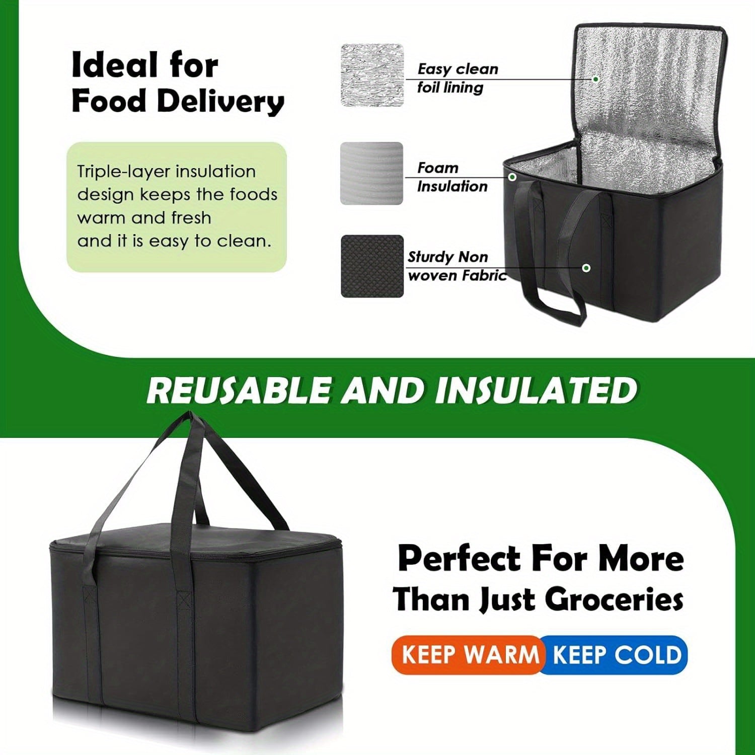 3pcs Insulated Reusable Grocery Bag Large Capacity Shopping Bag