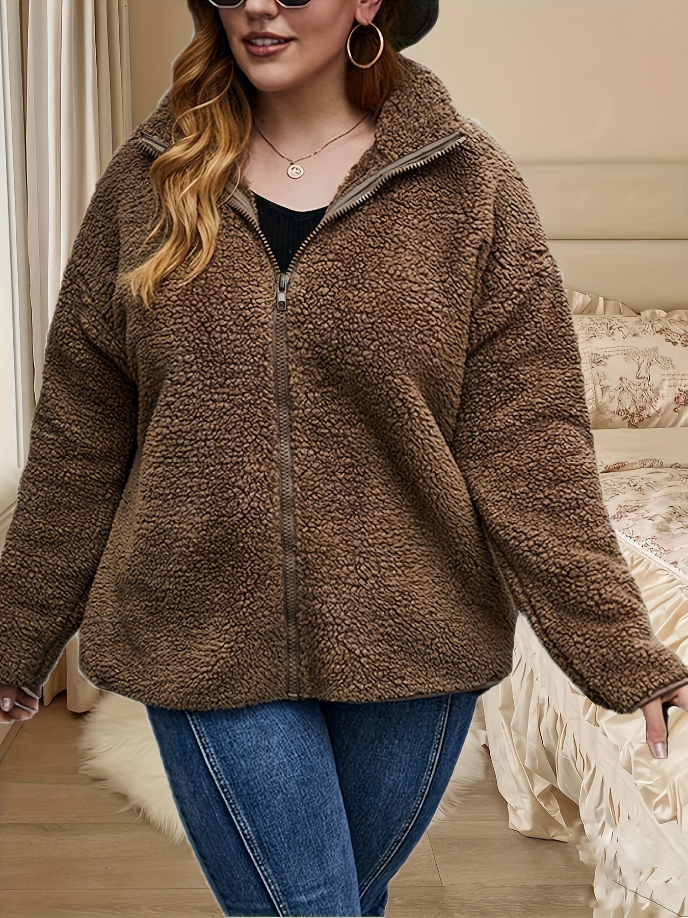  Fuzzy Fleece Zipper Front Lounge Coat