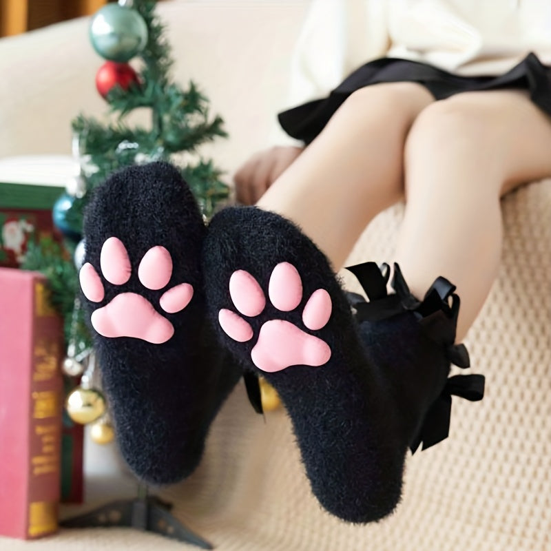 Cat Claw Print Socks Halloween Cosplay Fuzzy Warm Women's Stockings