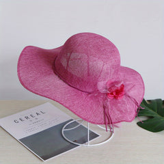 Wide Brim Beach Hat Lace Flower Rope Knot Sun Hat Solid Sunscreen Bucket Hat