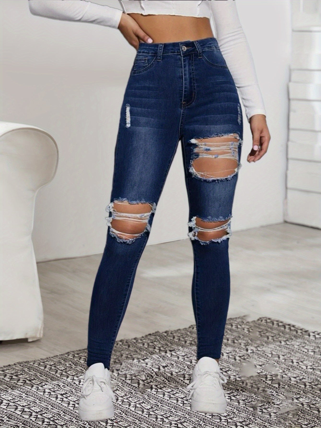 High Rise Distressed Skinny Jeans Slim Fit Denim Pants