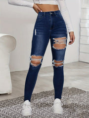 High Rise Distressed Skinny Jeans Slim Fit Denim Pants