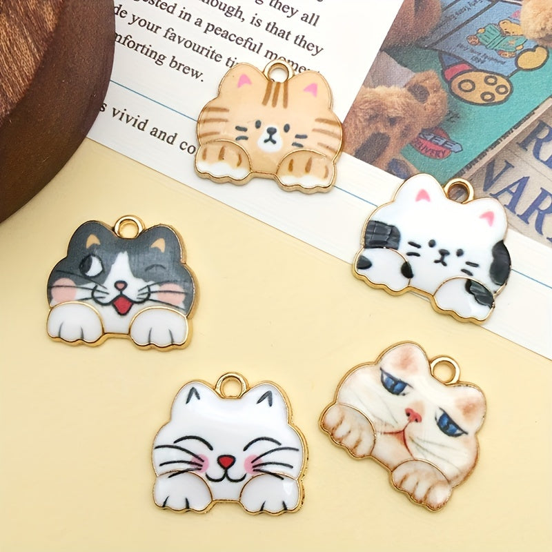 12pcs Enamel Golden Cat Pendants for DIY Accessories