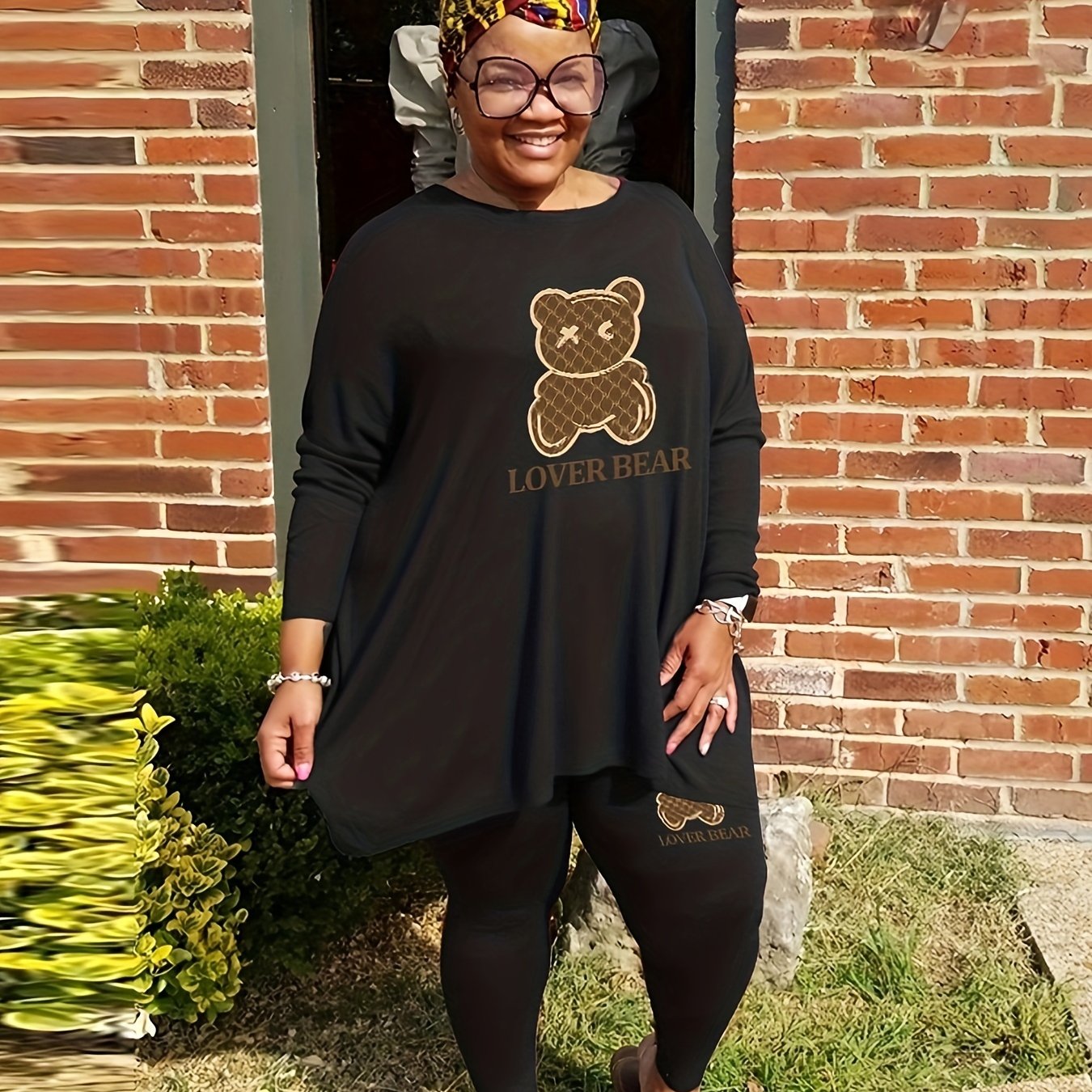 Women's Plus Bear & Letter Print Tunic Top & Leggings Set