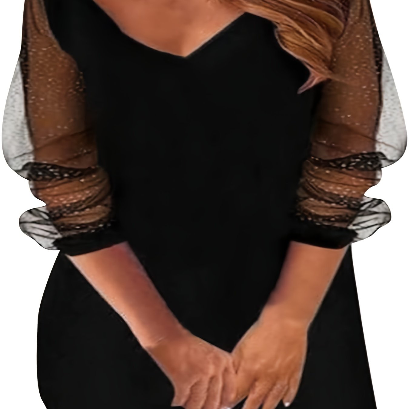  Contrast Mesh Sequin Long Sleeve V-Neck Dress