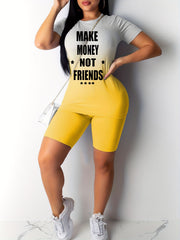 Graphic Print Two piece Set Crew Neck Short Sleeve Tee & Slim Shorts Outfits
