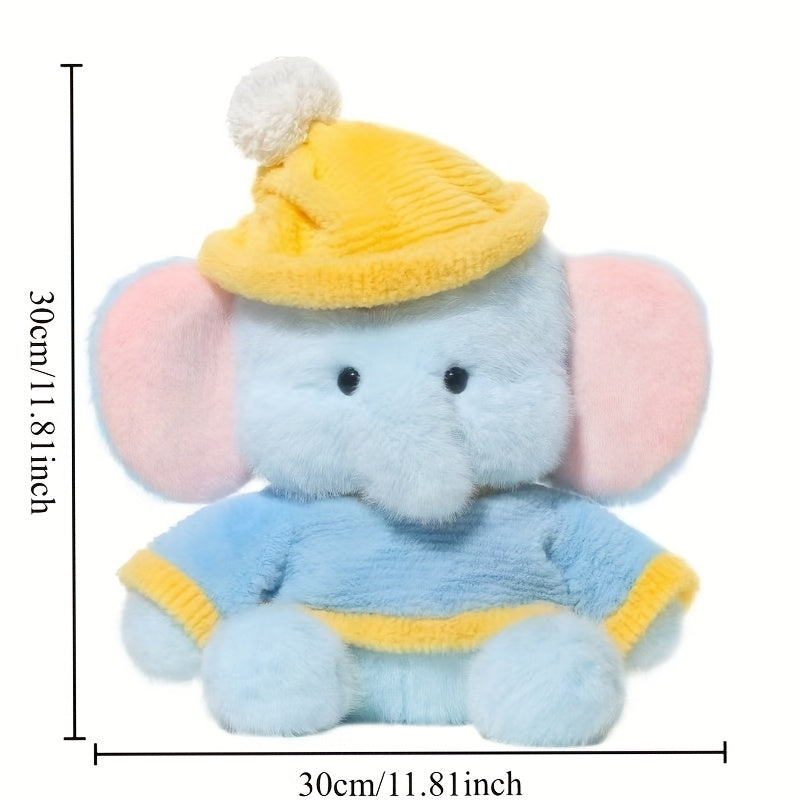 Elephant Plush Toy Realistic Cartoon Elephant with Yellow Knit Hat & Overalls