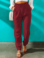 Ruffle Trim Smocked Solid Pants High Waist Elastic Pants