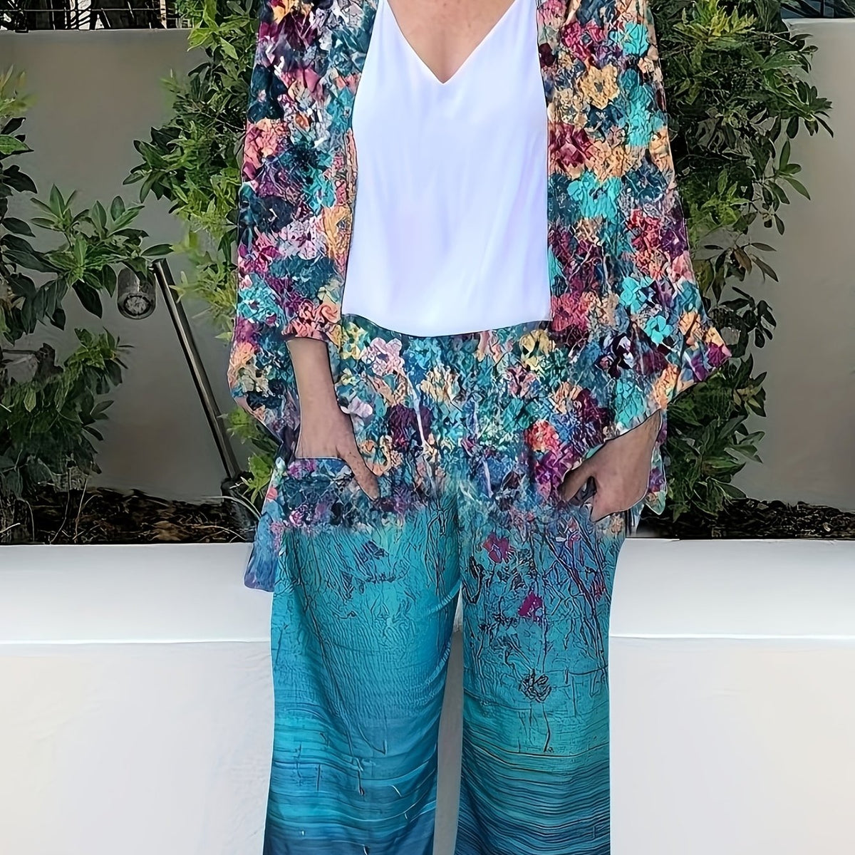  Floral Print Cardigan & Pants Set with Pockets