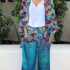  Floral Print Cardigan & Pants Set with Pockets