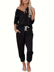  Women's Solid Button Top & Drawstring Pocketed Pants Set