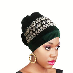 Velvet Lace Turban Cap Faux Pearl Head Wrap