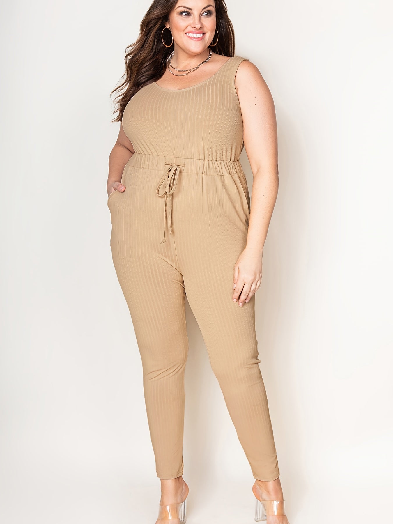  Ribbed Drawstring Tank Jumpsuit Women's Plus