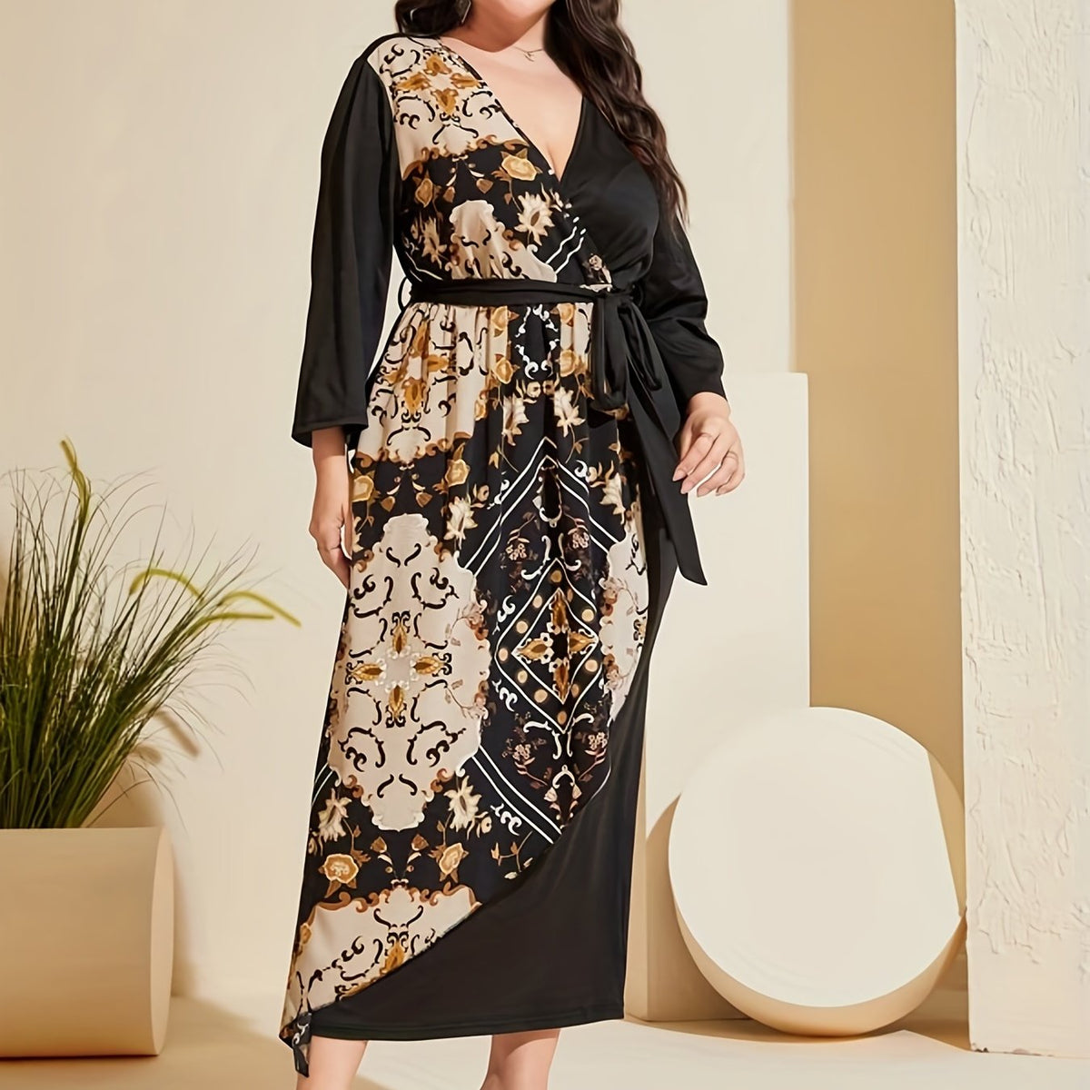  Boho Dress Women's Plus Colorblock Floral Print Long Sleeve